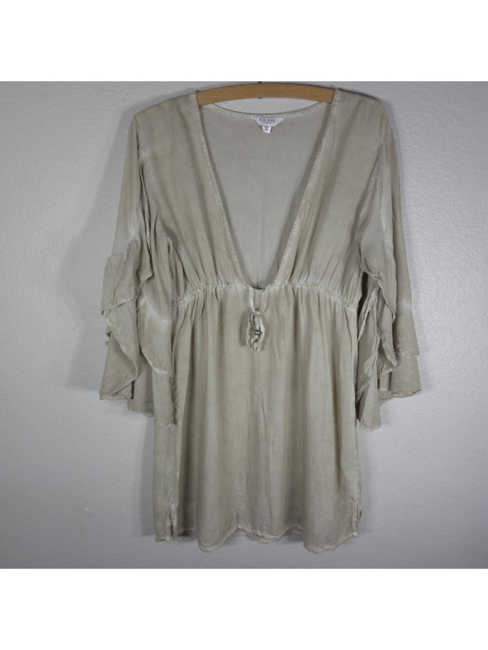 Elan Beach Beige Drawstring Cover-Up Dress Size M Ruffle Bell Sleeves Flowy